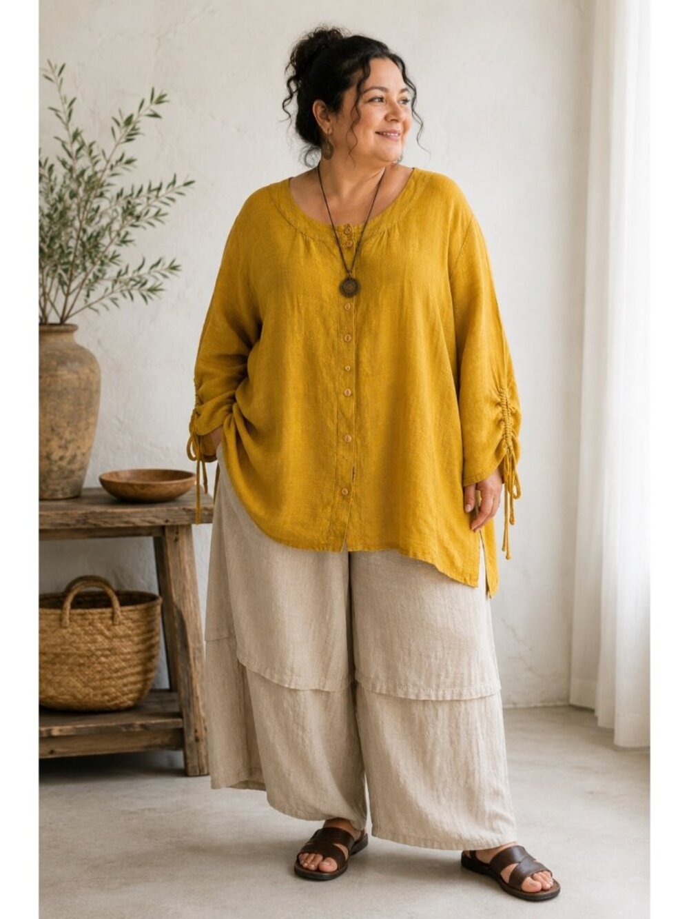 Flax by Jeanne Engelhart 100% Linen Tunic Top Women’s 1G Mustard Yellow Oversize